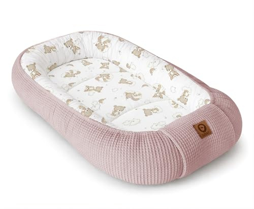 Babynestchen Neugeborene – Nestchen Baby aus Waffel Baumwolle & Baumwollstoff – Babynest für Babybett & Kinderbett – Baby Kokon Tragbar – OEKO-TEX zertifiziert – Zubehör für Babybett - Teddy und Rosa