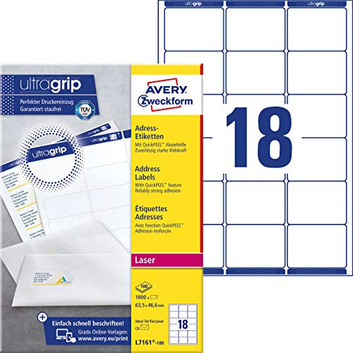 AVERY Zweckform L7161-100 Adressetiketten/Adressaufkleber (1.800 Etiketten mit ultragrip, 63,5x46,6mm auf A4, bedruckbar, selbstklebend, für DIN B6/C6 Briefkuverts, Papier matt) 100 Blatt, weiß