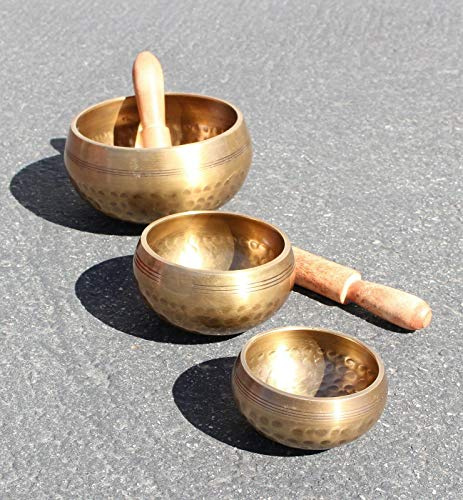 Tibetische Klangschalen-Set, Himalaya-Schale, für Chakren, Meditation, Heilung, Frieden des Herzens, Gebet, Yoga, Religion, buddhistische Schale mit 3 Schlägeln aus Holz, 3 Stück