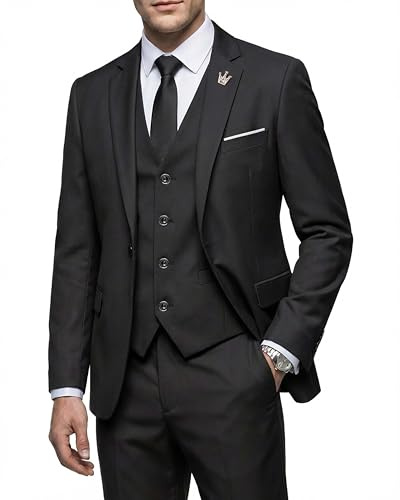 MY'S Men's 3 Piece Suit Set with Tie, One Button Slim Fit Jacket Vest & Pants, Party Wedding Prom Blazer Waistcoat & Trousers, Black Large