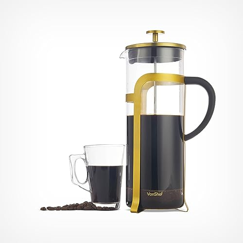 VonShef 12 Cup Cafetiere, 1.5L French Press with Measuring Spoon/Bag Seal, Heat Resistant Borosilicate Glass & Stainless Steel Copper Design, Filter Coffee Maker with Plunger