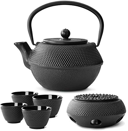 Bredemeijer Teekanne asiatisch Gusseisen Set schwarz 1.1 Liter mit Henkel & Edelstahl Tee-Filter Sieb-Einsatz für losen Tee & Stövchen & Teebecher (4 Tassen)