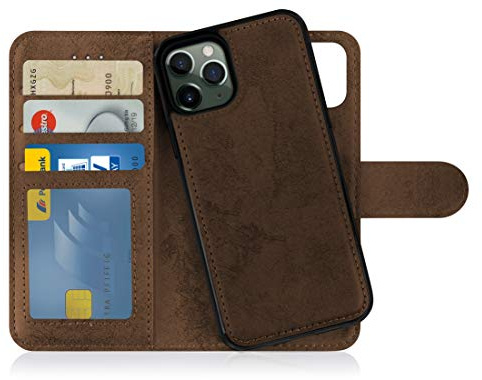 MyGadget Flip-fodral för iPhone 11 Pro - [avtagbart magnetfodral] - mobilfodral av konstläder - [flipfodral med kortplats] skyddsfodral i brunt