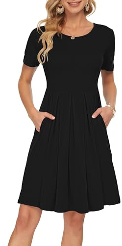 AUSELILY Robe décontractée à Manches Courtes plissée avec Poches Longueur Genou M,Noir