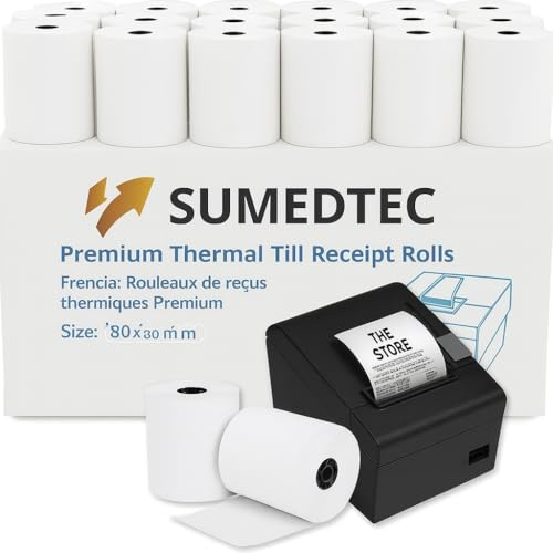 Sumedtec - Pack 24 Rollos Papel Térmico para Impresora TPV, libre de Bisphenol A. Compatible con las impresoras de uso universal. 80 x 80 x 12 mm por 80 m de longitud