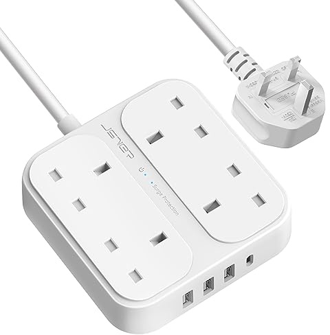 Extension Lead with USB Slots,JSVER 13A 4 Way Surge Protection Multi Plug Power Strip with USB- C and 3 USB Ports Extension Cable with 1.8M Cord Power Socket for Home, Office-White
