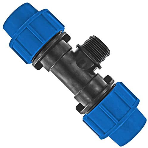 MegaHaustechnik PP Fitting Klemmverbinder T-Stück mit 1 Zoll Außengewinde für 32mm PE Rohr Außendurchmesser Trinkwasser PN16 Verschraubung blau