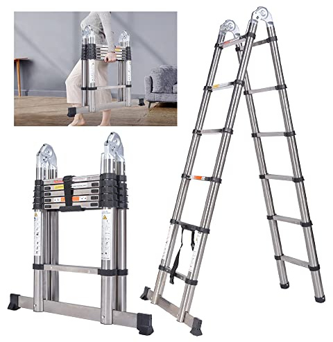 Mehrzweckleiter, 5 m, ausziehbar, zusammenklappbar, tragbar, 2,5 + 2,5 m, Fischgrätenmuster, A-Rahmen, 16 rutschfeste Stufen, robuste Leiter für Werkstatt, Haus, Garten, Büro