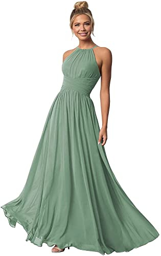 N/ C - Abiti lunghi da damigella d'onore in chiffon, con scollo a halter, a linea, plissettati, per ballo di fine anno, con tasche C016, Salvia polverosa., 40