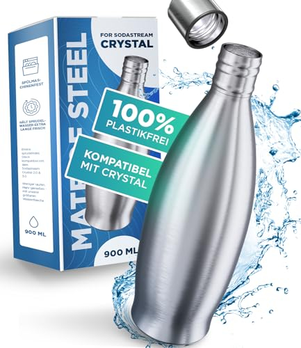 MATE OF STEEL® 100% Plastikfreie 900ml Edelstahl Flasche für Sodastream Crystal - Spülmschinenfeste Trinkflasche Edelstahl für Soda Streaming - Wassersprudler Metall Flaschen