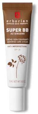 Erborian Super BB - Getönte Tagescreme, pflegt das Gesicht und hilft gegen Unreinheiten - Koreanische Gesichtspflege mit Ginseng und Niacinamid - Pflegende BB Creme, hohe Deckkraft - Schoko - 15 ml