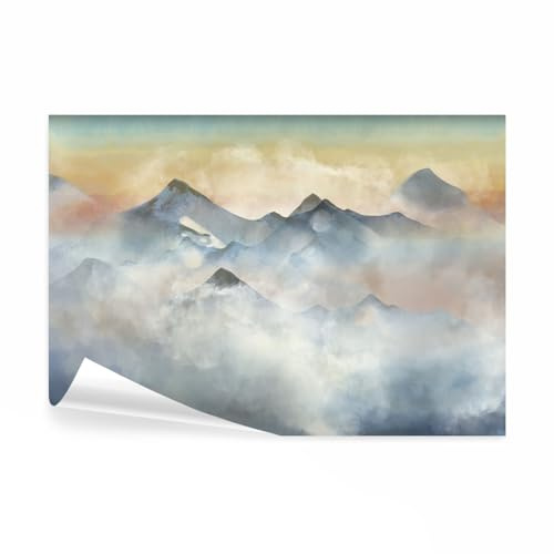 decomonkey - Papier Peint Panoramique Montagnes Paysage 350x256 cm - Décoration murale – Tapisserie pour chambre salon - Nature bleu hiver paysage brouillard montagnes coucher de soleil