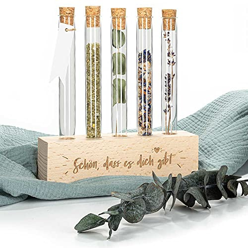 Tuuters Reagenzglashalter Holz - Schön, dass es dich gibt - mit 5x Gläser | Gravierter Reagenzglasständer aus Holz, mit 5x Gläsern als Vase, Gewürzregal oder Geschenkidee