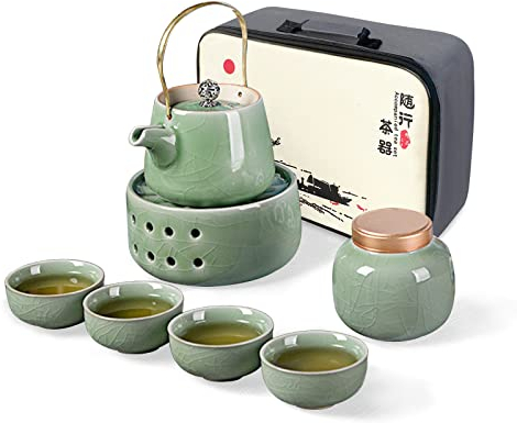 fanquare Teekanne aus Porzellan mit Heizung, Tief Grün Japanischen Stil Teeservice mit Stövchen, Keramik Tee set mit 4 Tassen, Teedosen und Reisetasche