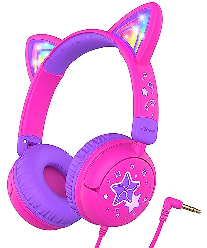 iClever Casque Audio Enfant, d'oreilles de Chat avec Éclairage LED, Volume Limité 85dba, Son Stéréo, Casque d'Écoute pour Enfants Pliable avec Fil 3.5 mm, pour ipad, Tablettes, Voyages, l'École