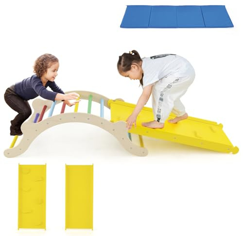COSTWAY 3-in-1 Toddler Climbing Frame, Kids Wooden Arch Swing with Blue Mat and Reversible Ramp for Crawling, Indoors Outdoors Kids Ladder Rocker (Multicolored)