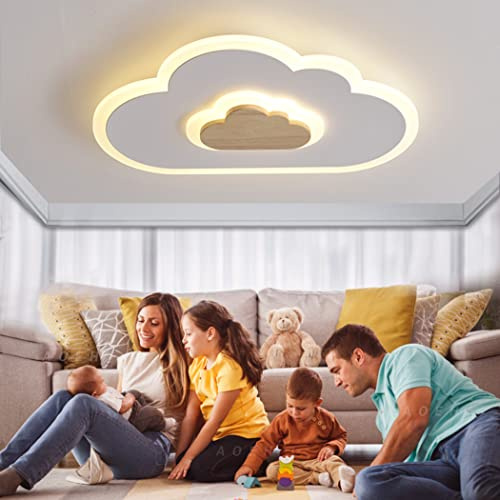 AOEH LED Cloud Lamp Dimmable Kindergarten Lamp with Remote Control, White 36W Wood Children's Ceiling Light for Kids Room, Girls Boy Bedroom Nursery Lighting, 60cm
