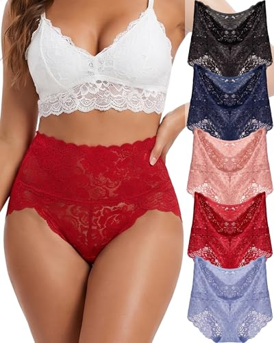 FINETOO 5 Lace Underwear, Women's High Waisted Briefs Set, High Waist Underpants, Sexy Hipster, Soft Briefs, Comfortable Underwear, Women, Seamless Lace, Multipack, S-XXL