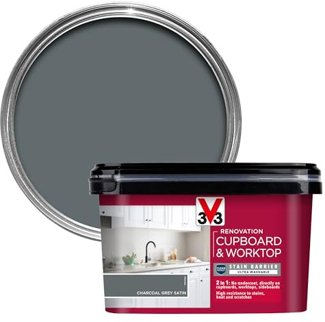 V33 Renovation Cupboard & Worktop Paint - No Undercoat Needed - High Resistance To Water Stains & Scratches - Ultra Washable - Charcoal Grey Satin 2L