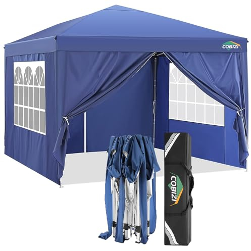 COBIZI Pavillon 3x3 Wasserdicht Faltpavillon mit 4 Seitenteilen Freiluft Faltpavillon Stabile UV-Schutz 50+ Pop Up Gartenpavillon Partyzelt für Freien, Garten, Party, Hochzeit, Markt (3x3m Blau)
