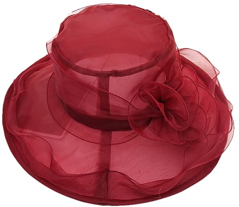 Pohullan Damen-Organza-Fascinator-Kirchenhut Mit Federn, Damenhut, Floraler Teeparty-Hochzeitshut Wine Red(9) 56-58cm