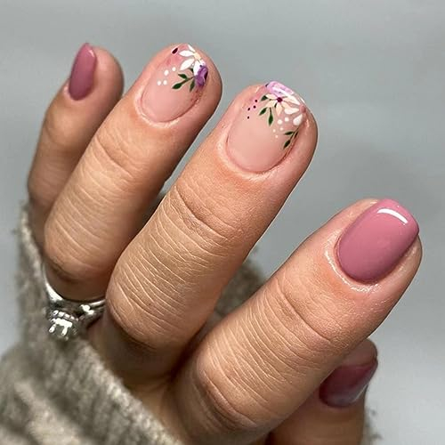 JUSTOTRY 24 Stück Lila Eckig Nägel Zum Aufkleben Kurz,Schöne Press on Nails, Weiß Blumen Kunstnägel Fake Nails für Nails Art, Square French Fingernägel Künstliche Nägel für Frauen