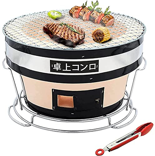 Japanischer Keramikgrill Hibachi Grill, runder Tisch, Holzkohlegrill, Yakitori tragbarer Holzkohleofen mit Zange für drinnen und draußen