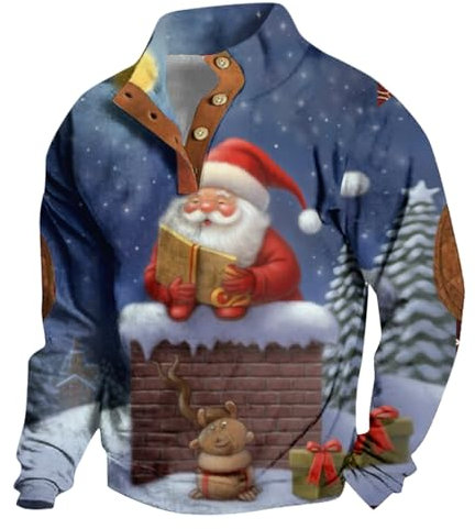 Herren Pullover Winter Stehkragen Winter Pulli Sweatshirts Für Herren Ethnisch Bedruckt Top T Shirt Baggy Hoodie Herren Oversize Mode Sweaters Weich Freizeithemden Für Herren Oberteils(4-Navy,L)