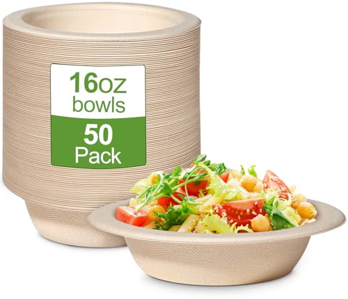 50 Stück Suppenschalen Braun Einweg Pappschalen 470ML Einwegsuppenschale | Zuckerrohr Einweggeschirr Einmal Salatschale Einwegsuppenschale Bio Rund Einmal Suppenschalen