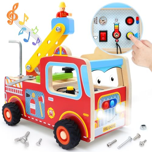 Feuerwehrauto Montessori Busy Board Holz ab 1 2 3 Jahren, Activity Board Motorikspielzeug mit Licht Sound Schalter, Schraubbrett Motorikbrett Holzspielzeug Lernspielzeug Geschenke für Baby Kleinkinder