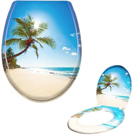 Suusolny WC Sitz Absenkautomatik Toilettendeckel mit Absenkautomatik，Softclose aus Duroplast und Edelstahl Toilettensitz in Universal Größe - Strand