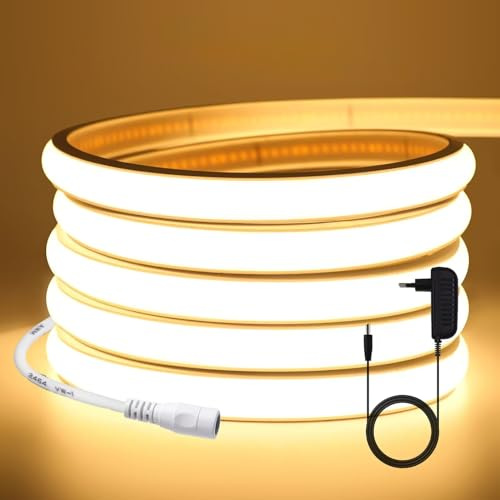 KISUFU 12V COB LED Strip, Waterproof IP65 LED Neon High Density 320LEDs/M CRI 90+ Flexible Light Strip with Power Supply DIY Party Living Commercial, Outdoor Industrial Lighting Project.