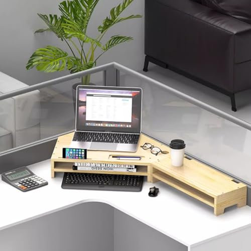 ZIMGOD Monitorständer Großes Monitor-Schreibtischregal für 2 Monitore, 2-stufiger Eckcomputerständer mit Telefonhalter, Massivholz Laptop-Schreibtischaufsatz mit Stauraum