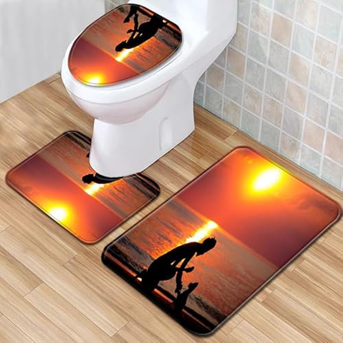 Bad Teppiche Set 3-Teiliges Orange Gelbe Sonne WC Vorleger Mit Ausschnitt Badematte Saugfähig WC Deckelbezug Badvorleger rutschfest Waschbar Toilettensitzbezug Badgarnitur (50x80cm)