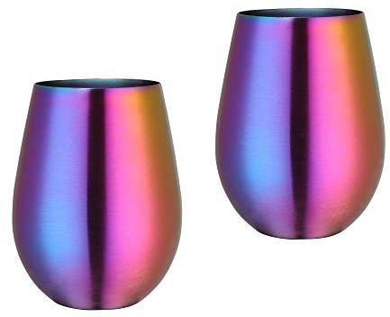 TUPMFG 17 oz Stainless Steel Stemless Wine Glasses, Outdoor Portable Wine Tumbler for The Pool, Camping, Cookouts, Travel - Set of 2 Metal Drinking Cups (Rainbow)
