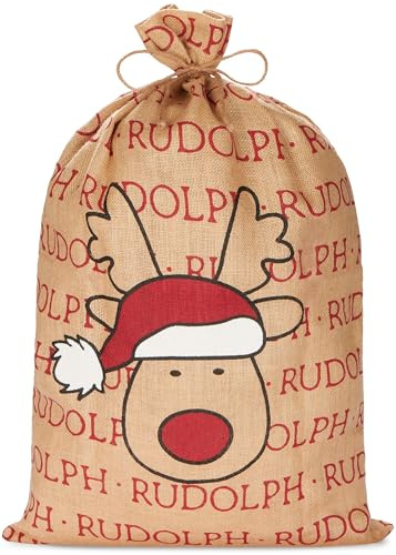 BRUBAKER Weihnachtssack Rudolph - 80 cm Geschenksack für Weihnachten - Rentier mit Weihnachtsmütze - Nikolaussack aus Jute - Sack mit Kordel zum Verpacken von Geschenken