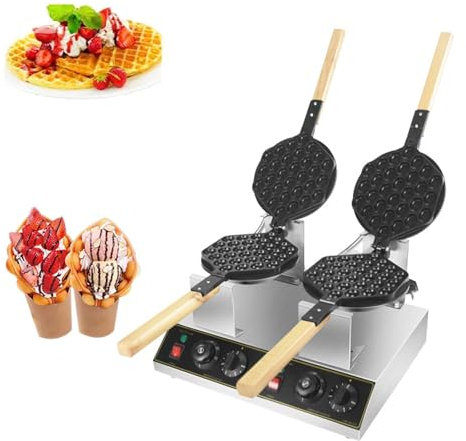 BDJSN Commercial Waffle Maker, 1.4KW+1.4KW Double-head Stainless Steel Egg Waffle Machine, Non-stick, 50-250℃, 0-5min Timer, Electric Heating Waffle Iron Machine