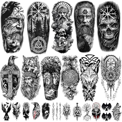 Tatuajes temporales vikingos 77 hojas para mujeres hombres, motivos medio brazo nórdico celta león lobo tigre calavera, 60 hojas pequeñas águila tribal para adultos niños. Muy realistas