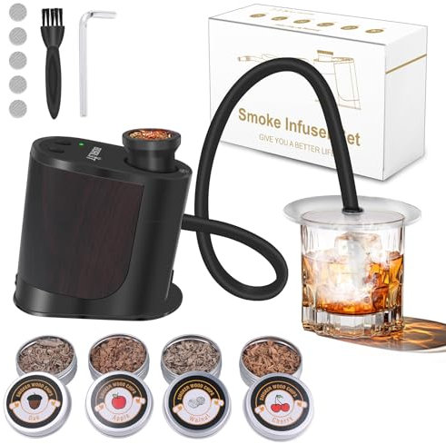BORUIT Cocktail Smoker Kit Rechargeable-Adjustable Smoking Gun with 3 Settings, Auto Shut Off and 4 Flavors Wood Chips with smoked old fashioned kit-Whiskey Gifts for Men, Dad, Husband(Black)