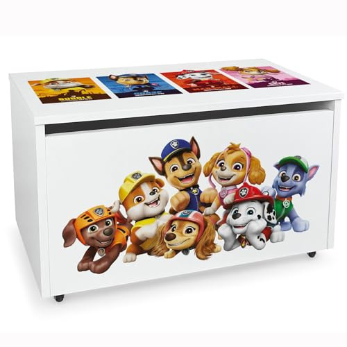 Leomark Holzspielzeugkiste auf Rädern, Sitzbank mit Stauraum, Spielzeugkiste mit Deckel, Kinderbank für Kinder, UV-Druck: Paw Patrol (01)