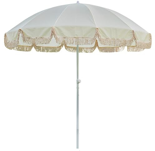 XUQQU Sombrilla Playa Grande De 2.40 M, Parasol Terraza Exterior Retro con Borlas, Sombrilla con Borlas, Sombrilla Terraza para Patio, Protección UV, Sin Base