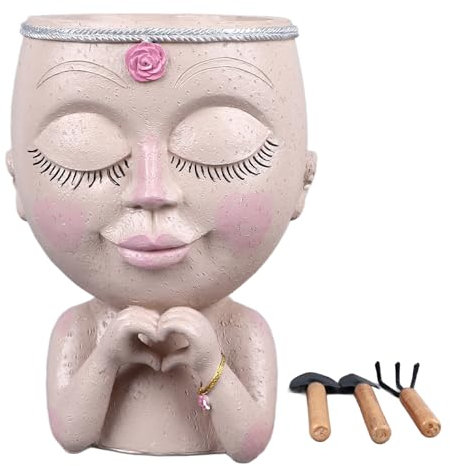 Fuchooky Face Planter Pot with Drainage Hole Wooden Spades for Succulents Indoor Outdoor Home Garden Decor Lucky Girl Design Suprise