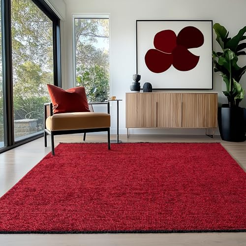 HomebyHome Baumwolle Teppich Rot 140x200 cm - Waschbar, Boho-Stil, Vintage Kelim, Kurzflor, rutschfest & Weich, Einfarbig Meliert, Für Wohnzimmer, Schlafzimmer, Büro & Küche