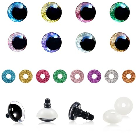 TOAOB 32 Stück Sicherheitsaugen für Häkeltiere 12 mm Glitzer Bunt | 8 Farben Kunststoff Augen, Sicherheitsaugen mit Unterlegscheiben für DIY Basteln, Marionette Puppenherstellung Tieraugen