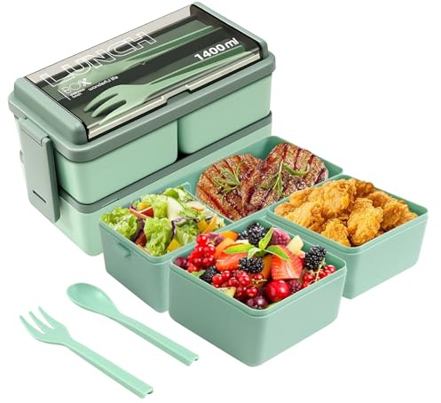 Gamexop 1.4L Lonchera para Adultos, Fiambreras Bento Lonchera Bento para para Microondas y Lavavajillas, Adecuada para el Trabajo, Oficina, Camping, Viajes, Interiores y Exteriores (Verde)