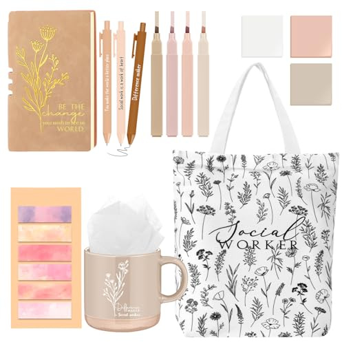 Reallnaive 15 Pcs Social Worker Appreciation Gifts Set Notebook Coffee Mug Floral Bag Ballpoint Pens Sticky Notes for Women Social Worker MSW DSW Lcsw Volunteer Coworker Office Supplies(Khaki)