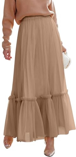 ANRABESS Maxi Skirts for Women Tulle Long Tiered Elastic High Waisted A Line Flowy Dressy Casual Skirt 2026 Fall Trendy Nutmeg Large