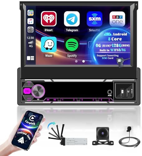 Hikity 6G+128G Android 15 Autoradio 1 DIN avec Carplay Android Auto sans Fil, 7 Pouces Écran Rétractable Autoradio Bluetooth avec 4G WiFi DSP GPS AM/FM/RDS Double USB SWC + MIC + Caméra de Recul