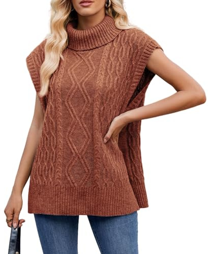 Berax Damen Pullunder Strick Weste Ärmellos Strickpullover Herbst Winter Casual Pullover Weste Mit Rollkragen,Karamell Large
