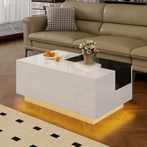 PUGSDRLY Table Basse Brillante avec éclairage LED, Plateau Extensible Noir et Blanc, Espace de Rangement dissimulé et Bande Lumineuse réglable en 16 Couleurs (White + Black)